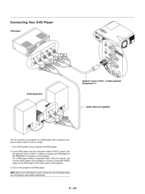 Page 25E Ð 22
MENUENTERCANCELSE
LECT
P
O
W
E
R ST
AT
U
S
O
N/ST
AN
D B
YSO
URCEAUT
O ADJ
US
T
AC INS-VIDEO
VIDEO AUDIORGB INPUT 2
AUDIO
RGB INPUT 1
L/MONO
R
AUDIORGB MONITOR
   OUTPUT
USB
PC-CARDC 
CONTROLMOUSE
OUTREMOT
CONTR
INPU
S-VIDEO
VIDEO AUDIORGB INPUT 2
AUDIORGB INPUT 1
L/MONO
R
AUDIORGB MONITOR
   OUTPUT
RGB INPUT
Y     Cb     Cr R     L
R     L
Red
White
Y
Cb
Cr
Red
White DVD player
Optional 15-pin-to-RCA23 cable (optional)
(Component V )
Audio cable (not supplied) Audio Equipment
Connecting Your DVD...