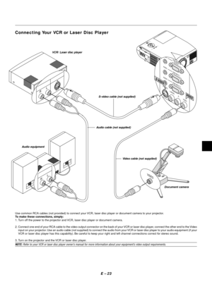 Page 26E Ð 23
MENUENTERCANCELS
E
LE
C
T
P
O
W
E
R S
TA
TU
S
O
N/S
T
AN
D
 B
YS
O
U
R
CEA
U
TO A
D
J
U
ST
AC INS-VIDEO
VIDEO AUDIO RGB INPUT 2
AUDIO
RGB INPUT 1
L/MONO
R
AUDIORGB MONITOR
   OUTPUT
USB
PC-CARDC 
CONTROLMOUSE
OUTREMOT
CONTR
INPU
S-VIDEO
VIDEO AUDIORGB INPUT 2
AUDIORGB INPUT 1
L/MONO
R
AUDIORGB MONITOR
   OUTPUT
VIDEO
S-VIDEO
R       L
R       L
VIDEO
VCR/ Laser disc player
S-video cable (not supplied)
Audio equipmentAudio cable (not supplied)
Document camera Video cable (not supplied)
Connecting...