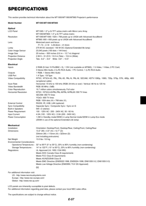 Page 61E-57
SPECIFICATIONS
This section provides technical information about the MT1065/MT1060/MT860 Projectors performance
Model Number MT1065/MT1060/MT860
Optical
LCD Panel MT1065: 1.0 p-Si TFT active-matrix with Micro Lens Array
MT1060/MT860: 1.0 p-Si TFT active-matrix
Resolution MT1065/MT1060: 1024768 pixels up to UXGA with Advanced AccuBlend
MT860: 800600 pixels up to UXGA with Advanced AccuBlend
Lens Motorized zoom and focus:
F1.74 – 2.18 f=30.8mm – 41.6mm
Lamp 275 W DC standard / 160 W DC (Optional...