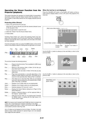 Page 35E-31
Operating the Viewer Function from the
Projector (playback)
This section describes the operation for showing slides of presentation
documents created using the Viewer function with the projector. It is
also possible to make slides directly from the images projected with the
projector.
Projecting slides (Viewer)
1. Insert a PC card into the PC card slot.
Insert the PC card so that the end with the insertion direction arrow
on the top goes in first.
*Press the eject button to eject the card.
2. Select...