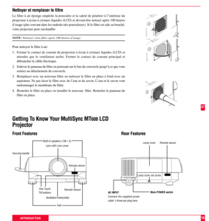 Page 1716
Carrying handle
Feet
One Touch
Tilt buttons
Remote sensor
Lens with Lens cover
Built-in speakers (1W22)
Getting To Know Your MultiSync MT600 LCD
Projector
Front Features Rear Features
Lamp cover
Lamp cover set screw
Main POWER switch
AC INPUT
Connect the supplied power
cableÕ s three-pin plug here.
INTRODUCTION
Ventilation holes(inlet)
Remote SensorRemote sensor
Nettoyer et remplacer le filtre
Le filtre ˆ air Žponge emp ö intŽrieur du
projecteur ˆ Žcran ˆ cristaux liquides (LCD) et devrait ö
dÕusage...