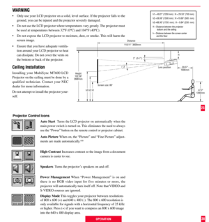 Page 2638 Projector Control Icons
Auto Start  Turns the LCD projector on automatically when the
main power switch is turned on. This eliminates the need to always
use the ÒPowerÓ button on the remote control or projector cabinet.
Auto Picture When on, the ÒPictureÓ and ÒFine PictureÓ adjust-
ments are made automatically.**
High-Contrast Increases contrast so the image from a document
camera is easier to see.
Speakers  Turns the projector Õs speakers on and off.
Power Management When ÒPower ManagementÓ is on...