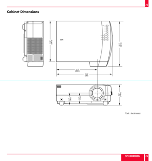 Page 39Cabinet Dimensions
Unit : inch (mm)
SPECIFICATIONS
75
76
11.3
(286.5)
15.4
(390)
11.3
(285.0)
12.7
(321.0)
FOCUS
ZOOM
ADJUST
ENTER
SELECT
MENU
POWER
ON/OFFSTATUS PUSH
3.1
(77.2)
5.8
(145.0)
3.1
(78.2) 