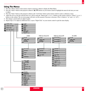 Page 3131
aaaaaaaaaaaaaa aaaaaaa
Using The Menus
1. Press the Menu button on the remote control or projector cabinet to display the Main Menu.
2. Press the Select button on the projector cabinet or (s) (t) buttons on your remote control to highlight the menu for the item you want
to adjust.
3. Press the Enter button on the projector cabinet or the Left Click button on the remote control to select a submenu or item.
4. Adjust the level or turn the selected item on or off by using the Mouse pad (+) or (Ð) buttons...