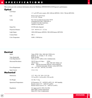 Page 4747
This section provides technical information about the MultiSync MT830/1030 LCD Projectors performance.
Optical
LCD Panel
1.3, p-Si TFT active-matrix, 8002600 dot (MT830) / 10242768 dot (MT1030)
Lens Power zoom, power focus
F 2.5 f =52 Ð 68 mm
Lamp New short arc high pressure lamp 150 W
(Guaranteed life span: 2,000 hours or
6 months from date of purchase,
whichever comes first.)
Image Size 20-300 inches diagonal
Projection Distance 3.28 Ð 40.03 ft (1.0 Ð 12.2 m)
Light Output 1000 ANSI lumens (MT830) /...