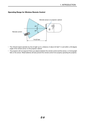 Page 16E-9
1. INTRODUCTION
30º
30º
Remote sensor on projector cabinet
Remote control
7m/22 feet
•The infrared signal operates by line-of-sight up to a distance of about 22 feet/7 m and within a 60-degree
angle of the remote sensor on the projector cabinet.
•The projector will not respond if there are objects between the remote control and the sensor, or if strong light
falls on the sensor. Weak batteries will also prevent the remote control from properly operating the projector.
Operating Range for Wireless...