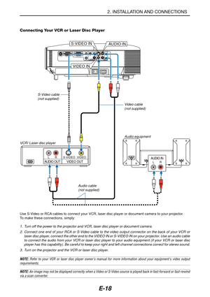 Page 25E-18
AUDIO INLRAUDIO OUTLRVIDEO OUTS-VIDEO VIDEO
PC CONTROLCOMPONENT IN COMPUTER INVIDEO IN AUDIO IN AUDIO OUT
S-VIDEO IN
R Cr/Pr Cb/Pb
Y
L
AUDIO IN
AC IN
MONITOR OUT
S-VIDEO INAUDIO IN
VIDEO IN
Connecting Your VCR or Laser Disc Player
Audio equipment
Use S-Video or RCA cables to connect your VCR, laser disc player or document camera to your projector.
To make these connections, simply:
1. Turn off the power to the projector and VCR, laser disc player or document camera.
2. Connect one end of your RCA or...