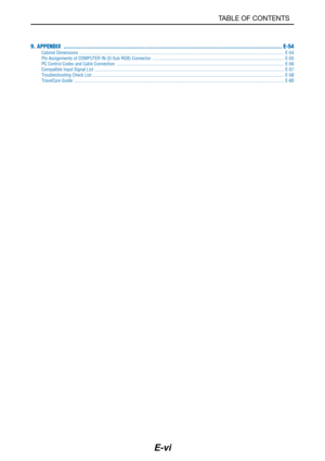 Page 7E-vi
TABLE OF CONTENTS
9. APPENDIX ................................................................................................................. E-54Cabinet Dimensions ................................................................................................................................................................................ E-54
Pin Assignments of COMPUTER IN (D-Sub RGB) Connector...