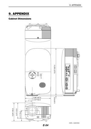 Page 61E-54
Unit = inch/mm
9. APPENDIX
Cabinet Dimensions
9. APPENDIX
PC CONTROL
COMPONENT IN COMPUTER IN
VIDEO IN AUDIO IN AUDIO OUT
S-VIDEO INR Cr/Pr Cb/Pb
Y
L
AUDIO IN
AC IN
MONITOR OUT
LAMP
STATUS
POWER
AUTO
ADJ,ON/STAND BYSELECT
FOCUS
SOURCE
2.07/52.5 7.36/187.0
0.33/8.5 13.27/337.0 3.11/79.05.24/133.2
4.4/113.0 