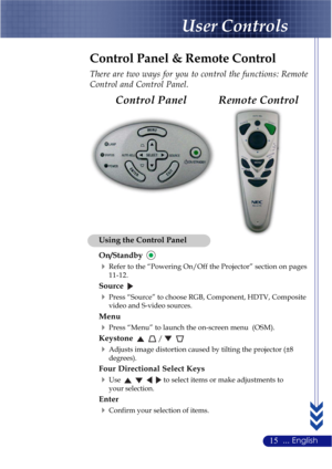 Page 1915... English
User Controls
Remote Control Control Panel
Control Panel & Remote Control
There are two ways for you to control the functions: Remote
Control and Control Panel.
Using the Control Panel
On/Standby
Refer to the “Powering On/Off the Projector” section on pages
11-12.
Source
Press “Source” to choose RGB, Component, HDTV, Composite
video and S-video sources.
Menu
Press “Menu” to launch the on-screen menu  (OSM).
Keystone / 
Adjusts image distortion caused by tilting the projector (±8...