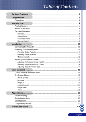 Page 51... English
Table of Contents
Table of Contents....................................................................................... 1
Usage Notice.............................................................................................. 2
Precautions......................................................................................................... 2
Introduction............................................................................................... 4
Product...