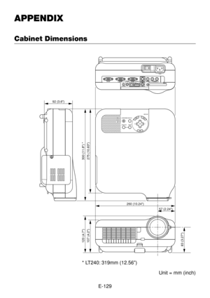 Page 129E-129
APPENDIX
Cabinet Dimensions
Unit = mm (inch)
260 (10.24)
57 (2.24)
275 (10.83)300 (11.8) *
120 (4.7)107 (4.2)83 (3.27)
92 (3.6)
* LT240: 319mm (12.56”) 