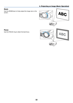 Page 3932
3. Projecting an Image (Basic Operation)
Zoom
Use the ZOOM lever to finely adjust the image size on the
screen.
Focus
Use the FOCUS ring to obtain the best focus. 