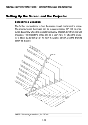 Page 22E-22
INSTALLATION AND CONNECTIONS  Setting Up the Screen and theProjector
406.4(W) X 304.8(H)
365.8(W) X 274.3(H)
304.8(W) X 228.6(H)
243.8(W) X 182.9(H)
203.2(W) X 152.4(H)
162.6(W) X 121.9(H)
121.9(W) X 91.4(H)
81.3(W) X 61.0(H)
61.0(W) X 45.7(H)
Screen size (Unit: cm/inch)
Lens center
Screen size
Distance (Unit: m/feet)
1.7/5.6
(1.3/4.3)2.6/8.5
(2.0/6.6)
3.5/11.5
(2.7/8.9)
4.4/14.4
(3.4/11.2)
5.3/17.4
(4.1/13.5)
6.6/21.7
(5.2/17.1)
7.9/25.9
(6.2/20.34)
8.8/28.9
(6.9/22.6)1.3/4.3
(1.0/3.3)
200
180...