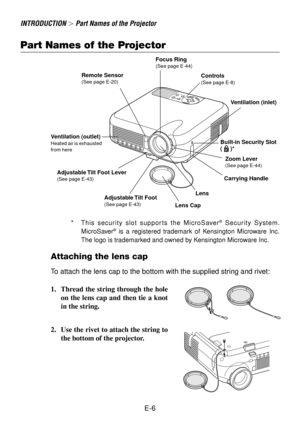 Page 6E-6
Part Names of the Projector
SELECTCNACELTERNEEMNUS
O
U
R
C
E
A
U
T
O
 
A
D
J
U
S
TO
N S
T
A
N
D
 B
YS
T
A
T
U
S
P
O
W
E
R L
A
M
PA
L
I
G
N
M
E
N
TPC-CARD
INTRODUCTION  Part Names of the Projector
Ventilation (outlet)Heated air is exhausted
from here
*This security slot supports the MicroSaver® Security System.
MicroSaver® is a registered trademark of Kensington Microware Inc.
The logo is trademarked and owned by Kensington Microware Inc.
Built-in Security Slot
(  )*
Adjustable Tilt Foot Lever(See...