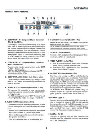 Page 158
1. Introduction
Terminal Panel Features
PC CARD
R  AUDIO IN  L VIDEO INCOMPUTER 1 IN  COMPUTER 2 IN MONITOR OUT AUDIO INAUDIO OUT
USB LAN
S-VIDEO INPC CONTROL
12
786124
111093513
1. COMPUTER 1 IN / Component Input Connector
(Mini D-Sub 15 Pin)
Connect your computer or other analog RGB equip-
ment such as IBM compatible or Macintosh comput-
ers. Use the supplied RGB/VGA signal cable to con-
nect to your computer. This also serves as a compo-
nent input connector that allows you to connect a com-
ponent...