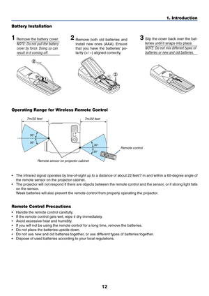 Page 1912
1. Introduction
30°
30° 30° 30°
Battery Installation
1Remove the battery cover.
NOTE: Do not pull the battery
cover by force. Doing so can
result in it coming off.
2Remove both old batteries and
install new ones (AAA). Ensure
that you have the batteries po-
larity (+/ –) aligned correctly.3Slip the cover back over the bat-
teries until it snaps into place.
NOTE: Do not mix different types of
batteries or new and old batteries.
Remote sensor on projector cabinet
7m/22 feet
•The infrared signal operates...