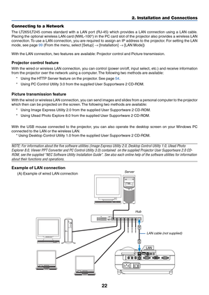 Page 2922
PC CARD
R  AUDIO IN  L
AC INVIDEO INAUDIO OUT
S-VIDEO INPC CONTROLMONITOR OUTCOMPUTER 1 IN  COMPUTER 2 IN AUDIO INUSB LAN
LAN
Connecting to a Network
The LT265/LT245 comes standard with a LAN port (RJ-45) which provides a LAN connection using a LAN cable.
Placing the optional wireless LAN card (NWL-100*) in the PC card slot of the projector also provides a wireless LAN
connection. To use a LAN connection, you are required to assign an IP address to the projector. For setting the LAN
mode, see page 99...