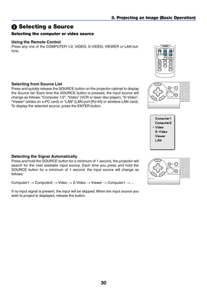 Page 3730
PC CARDSOURCE
AUTO ADJUST
3D REFORMLAMP
STATUS
POWER ON/STAND BY
ENTEREXIT
MENU
SELECT
3. Projecting an Image (Basic Operation)
 Selecting a Source
Selecting the computer or video source
Using the Remote Control
Press any one of the COMPUTER 1/2, VIDEO, S-VIDEO, VIEWER or LAN but-
tons.
Detecting the Signal Automatically
Press and hold the SOURCE button for a minimum of 1 second, the projector will
search for the next available input source. Each time you press and hold the
SOURCE button for a...