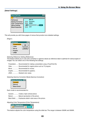 Page 9083
[Detail Settings]
This will provide you with three pages of menus that provide more detailed settings.
[Page1]
Selecting Reference Setting [Reference]
This feature allows you to use color correction or gamma values as reference data to optimize for various types of
images. You can select one of the following five settings.
Presentation ...... Recommended for making a presentation using a PowerPoint file.
Video ................. Recommended for regular picture such as TV program.
Movie ...................