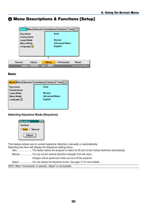 Page 9790
 Menu Descriptions & Functions [Setup]
Basic
Selecting Keystone Mode [Keystone]
This feature allows you to correct keystone distortion manually or automatically.
Selecting this item will display the Keystone setting menu.
Auto ...................... This feature allows the projector to detect its tilt and correct vertical distortion automatically.
Manual .................. You can correct vertical distortion manually from the menu.
Changes will be saved even when you turn off the projector.
Adjust...