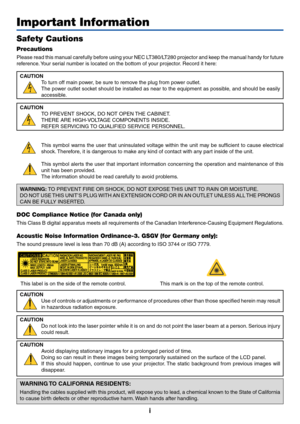 Page 3i
Important Information
Safety Cautions
Precautions
Please read this manual carefully before using your NEC LT380/LT280 projector and keep the manual handy for future
reference. Your serial number is located on the bottom of your projector. Record it here:
CAUTION
To turn off main power, be sure to remove the plug from power outlet.
The power outlet socket should be installed as near to the equipment as possible, and should be easily
accessible.
CAUTION
TO PREVENT SHOCK, DO NOT OPEN THE CABINET.
THERE...
