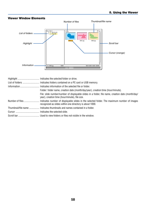 Page 6858
5. Using the Viewer
0000.jpg0001.jpg0002.jpg 3 Files
Slot 1
RECYCLED
PICTURE
1/3  0000.jpg 60KB 08/21/2005  06/29  263KBselect :  ENTER
?
Highlight .................................. Indicates the selected folder or drive.
List of folders .......................... Indicates folders contained on a PC card or USB memory.
Information .............................. Indicates information of the selected file or folder.
Folder: folder name, creation date (month/day/year), creation time (hour/minute).
File:...