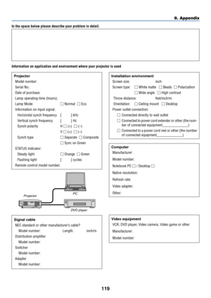 Page 129119
In the space below please describe your problem in detail.
Information on application and environment where your projector is used
Projector
Model number:
Serial No.:
Date of purchase:
Lamp operating time (hours):
Lamp Mode: Normal   Eco
Information on input signal:
Horizontal synch frequency [          ] kHz
Vertical synch frequency [          ] Hz
Synch polarity H  (+)   (–)
V  (+)   (–)
Synch type Separate   Composite
 Sync on Green
STATUS Indicator:
Steady light Orange   Green
Flashing...