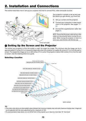 Page 2010
This section describes how to set up your projector and how to connect PCs, video and audio sources.
2. Installation and Connections
 Setting Up the Screen and the Projector
The further your projector is from the screen or wall, the larger the image. The minimum size the image can be is
approximately 21 inches (0.5 m) measured diagonally when the projector is roughly 28 inches (0.7 m) from the wall or
screen. The largest the image can be is 300 inches (7.6 m) when the projector is about 390 inches...