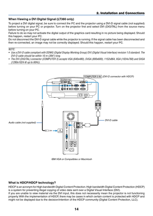 Page 2414
PC CARDCOMPONENT INUSB LANAUDIO INCOMPUTER 3 IN
COMPUTER 1 IN COMPUTER 2 IN
PC CONTROLMONITOR OUT
AUDIO OUT S-VIDEO IN VIDEO INAUDIO INCb/Pb
L/MONO R YCr/Pr
AC IN
COMPUTER 3 IN
PHONE
AUDIO IN
2. Installation and Connections
When Viewing a DVI Digital Signal (LT380 only)
To project a DVI digital signal, be sure to connect the PC and the projector using a DVI-D signal cable (not supplied)
before turning on your PC or projector. Turn on the projector first and select DVI (DIGITAL) from the source menu...