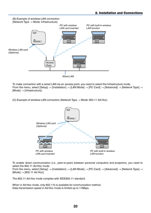 Page 3020
(B) Example of wireless LAN connection
(Network Type → Mode: Infrastructure)
2. Installation and Connections
Access
Point
Wired LAN
To make connection with a wired LAN via an access point, you need to select the Infrastructure mode.
From the menu, select [Setup] → [Installation] → [LAN Mode] → [PC Card] → [Advanced] → [Network Type] →
[Mode] → [Infrastructure].
(C) Example of wireless LAN connection (Network Type → Mode: 802.11 Ad Hoc)
To enable direct communication (i.e., peer-to-peer) between...