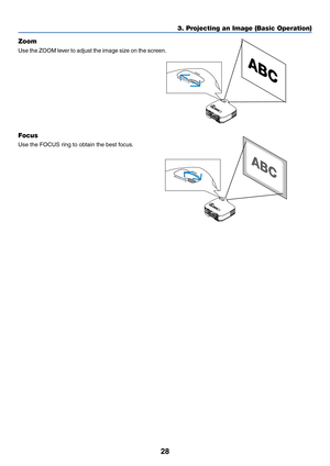 Page 3828
3. Projecting an Image (Basic Operation)
Zoom
Use the ZOOM lever to adjust the image size on the screen.
Focus
Use the FOCUS ring to obtain the best focus. 