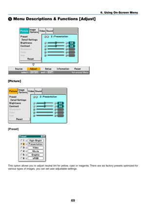 Page 7969
6. Using On-Screen Menu
 Menu Descriptions & Functions [Adjust]
[Picture]
[Preset]
This option allows you to adjust neutral tint for yellow, cyan or magenta. There are six factory presets optimized for
various types of images, you can set user adjustable settings. 