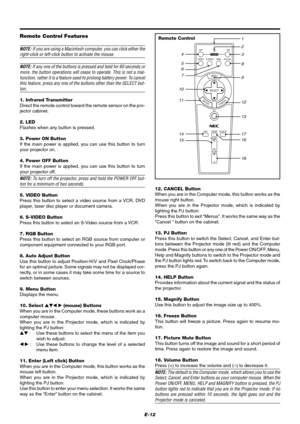 Page 18E-12Remote Control
OFFON
VIDEOS-VIDEORGBPOWER
PJ
MAGNIFY
VOLUME
HELP
SELECT
EMNU
TERNENCEACL
AUTO ADJ.
FREEZEPIC-MUTE
1
3 4
5
78
11
14 6
9
10
1512
13
2
17
16
18
Remote Control Features
NOTE: If you are using a Macintosh computer, you can click either theright-click or left-click button to activate the mouse.
NOTE: If any one of the buttons is pressed and held for 60 seconds or
more, the button operations will cease to operate. This is not a mal-
function, rather it is a feature used to prolong battery...