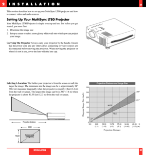 Page 16This section describes how to set up your MultiSync LT80 projector and how
to connect video and audio sources.
Setting Up Your MultiSync LT80 Projector
Your MultiSync LT80 Projector is simple to set up and use. But before you get
started, you must first:
1. Determine the image size
2. Set up a screen or select a non-glossy white wall onto which you can project
your image.
Carrying The Projector Always carry your projector by the handle. Ensure
that the power cord and any other cables connecting to video...