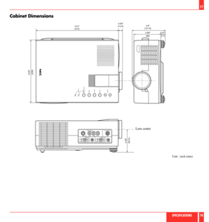 Page 40Cabinet Dimensions
77
Unit : inch (mm)
SPECIFICATIONS78
PUSH ON/OFF
POWER
STANDBY
MENUSELECTENTER ADJUST
12.2
(310)0.59
(14.9)4.8
(121.6)
3.86
(98)0.67
(17)
9.25
(235)
PC CONTROL VIDEO INPUT
S-VIDEO
VIDEO L(MONO)––R-AUDIO
AUDIO
AUDIO RGB INPUT RGB OUTPUT
RGB RGB3.33
(84.5)
Lens center 