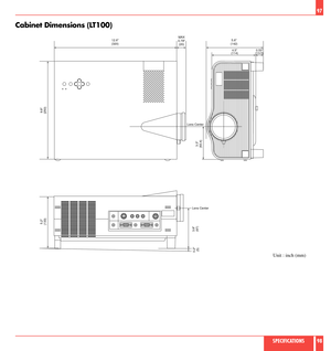 Page 50Cabinet Dimensions (LT100)
97
Unit : inch (mm)
SPECIFICATIONS 98
12.6
(320)
5.2
(133)
3.8
(97) 0.2
(5)
MAX
0.79
(20)5.6
(142)
4.5
(114)0.53
(13.5)
3.3
(83.4)
9.8
(250)
Lens Center Lens Center 