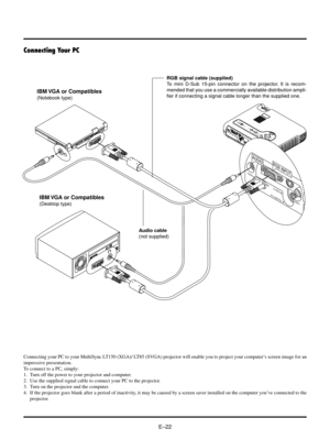 Page 25EÐ22
A
C
 
 
I
NPC CARD
USB VIDEO S-VIDEO
RGB AUDIO
PC CONTROL
MENUENTERCANCELS
E
L
E
C
TA
U
T
O
A
D
J
U
S
T
P
C 
C
A
R
D 
A
C
C
E
S
S
S
T
A
T
U
S
P
O
W
E
RO
N/
S
T
A
N
D
 
B
YS
O
U
R
C
E
VIDEO S-VIDEO
RGB AUDIO
PC CONTROL
RGB INPUT
AUDIO
Connecting Your PC
IBM VGA or Compatibles
(Notebook type)RGB signal cable (supplied)
To mini D-Sub 15-pin connector on the projector. It is recom-
mended that you use a commercially available distribution ampli-
fier if connecting a signal cable longer than the supplied...