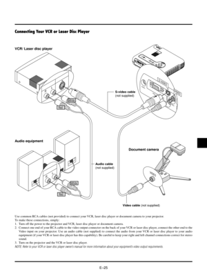 Page 28EÐ25
A
C
  INPC CARD
USB VIDEO S-VIDEO
RGB AUD
IO
PC CONT
ROL
MENUENTERCANCELS
E
L
E
C
TA
UT
O
A
DJ
U
ST
PC  C
AR
D AC
C
ESS
STA
TU
S
P
OWE
RO
N/
ST
AN
D BYSOU
R
CE
VIDEO S-VIDEO
RGB AUDIO
PC CONTROL
VIDEO
S-VIDEO
R       L
R       L
VIDEO
Use common RCA cables (not provided) to connect your VCR, laser disc player or document camera to your projector.
To make these connections, simply:
1. Turn off the power to the projector and VCR, laser disc player or document camera.
2. Connect one end of your RCA...