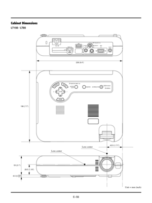 Page 59EÐ56
MENU
ENTERCANCEL
SELECT
AUTO
ADJUST
PC  CARD  ACCESSSTATUSPOWER
ON / STAND BY SOURCE
AC  INPC CARD
USB VIDEO
S-VIDEO RGB AUDIO
PC CONTROL
238 (9.4)
196 (7.7)
29.5 (1.16) 53 (2.1)
8.5 (0.33)43.5 (1.71)
Cabinet Dimensions
Unit = mm (inch)
LT150 / LT85
Lens centerLens center 