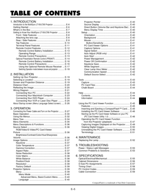 Page 8EÐ5
TABLE OF CONTENTS
1. INTRODUCTION
Introduction to the MultiSync LT150/LT85 Projector.................... E-6
Getting Started ............................................................ E-6
WhatÕs in the Box ......................................................... E-7
Getting to Know Your MultiSync LT150/LT85 Projector............ E-8
Front / Side Features .............................................. E-8
Attaching the lens cap ............................................. E-8
Rear / Side Features...