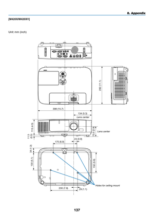 Page 147137
8. Appendix
[M420X/M420XV]
398 (15.7)
115 (4.5)282 (11.1)
73.5 (2.9)
11.5 
(0.5)
175 (6.9)24 (0.9)
34 (1.3)
130 (5.1)
150 (5.9)
29 (1.1)200 (7.9)
134 (5.3)
Unit: 	mm	(inch)
Lens center
Lens center
Holes for ceiling mount 