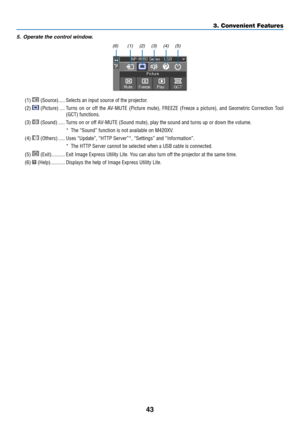 Page 5343
3. Convenient Features
5.	 Operate	the	control	window.
(1)  (Source) �����Selects an input source of the projector � 
(2)  (Picture) ����Turns  on  or  off  the  AV-MUTE  (Picture  mute),  FREEZE  (Freeze  a  picture),  and  Geometric  Correction  Tool 
(GCT) functions�
(3)  (Sound) �����Turns on or off AV-MUTE (Sound mute), play the sound and turns up or down the volume�
*  The “Sound” function is not available on M420XV �
(4)  (Others) �����Uses “Update”, “HTTP Server”*, “Settings” and...