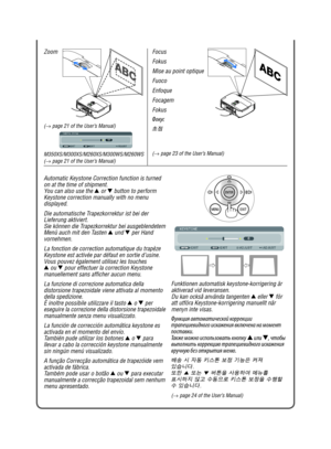 Page 5Automatic Keystone Correction function is turned 
on at the time of shipment.
You can also use the ▲
 or  ▼
 button to perform 
Keystone correction manually with no menu 
displayed.
Die automatische Trapezkorrektur ist bei der 
Lieferung aktiviert.
Sie können die Trapezkorrektur bei ausgeblendetem 
Menü auch mit den Tasten  ▲
 und  ▼
 per Hand 
vornehmen.
La fonction de correction automatique du trapèze 
Keystone est activée par défaut en sortie d’usine.
Vous pouvez également utilisez les touches 
▲  ou...