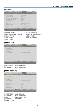 Page 10797
5. Using On-Screen Menu
[SOURCE]
[SOURCE	NAME]	 	 [SOURCE	INDEX]
[HORIZONTAL	FREQUENCY]	 [VERTICAL	FREQUENCY]
[SIGNAL	TYPE]	 	 	 [VIDEO	 TYPE]
[SYNC	TYPE]	 	 	 [SYNC	POLARITY]
[SCAN	TYPE]
[WIRED LAN]
[IP	ADDRESS]	 [SUBNET	MASK]
[GATEWAY]	 [MAC	ADDRESS]
[WIRELESS LAN]
[IP	ADDRESS]	 [SUBNET	MASK]
[GATEWAY]	 [MAC	ADDRESS]
[SSID]	 	 [NETWORK	 TYPE]
[WEP/WPA]	 [CHANNEL]
[SIGNAL	LEVEL] 