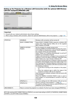 Page 120109
5. Using On-Screen Menu
Setting up the Projector for a Wireless LAN Connection (with the optional USB Wireless 
LAN Unit equipped) [WIRLESS LAN]
Important
•	 Consult	with	your	network	administrator	about	these	settings.
•	 When	using	a	wireless	LAN	connection,	attach	the	optional	USB	Wireless	LAN	to	the	projector.	(→	page	128)
[PROFILE][DISABLE]Wireless	LAN	connection	will	be	turned	off
[EASY	CONNECTION]Select	[EASY	 CONNECTION]	 to	execute	 a	wireless	 LAN	
easily	using	Image	 Express	 Utility	Lite...
