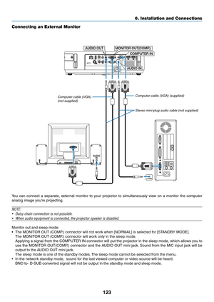 Page 134123
6. Installation and Connections
Connecting an External Monitor
You	can	connect	 a	separate,	 external	monitor	to	your	 projector	 to	simultaneously	 view	on	a	monitor	 the	computer	
analog	image	you’re	projecting.
NOTE:
•	 Daisy	chain	connection	is	not	possible.
•	 When	audio	equipment	is	connected,	the	projector	speaker	is	disabled.
Monitor	out	and	sleep	mode:
•	 The	MONITOR	OUT	(COMP.)	connector	will	not	work	when	[NORMAL]	is	selected	for	[STANDBY	MODE].
	 The	MONITOR	OUT	(COMP.)	connector	will...