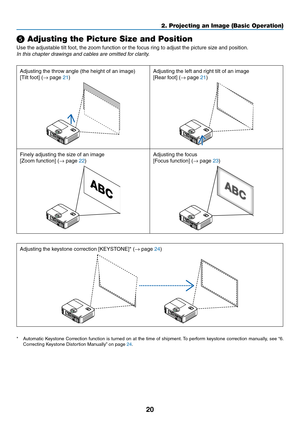 Page 3120
2. Projecting an Image (Basic Operation)
❺ Adjusting the Picture Size and Position
Use	the	adjustable	tilt	foot,	the	zoom	function	or	the	focus	ring	to	adjust	the	picture	size	and	position.
In	this	chapter	drawings	and	cables	are	omitted	for	clarity.
Adjusting	the	throw	angle	(the	height	of	an	image)
[Tilt	foot]	(→	page	21)
Adjusting	the	left	and	right	tilt	of	an	image
[Rear	foot]	(→	page	21)
Finely	adjusting	the	size	of	an	image
[Zoom	function]	(→	page	22)
Adjusting	the	focus
[Focus	function]	(→	page...