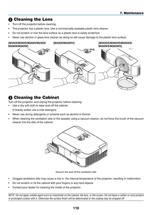 Page 129119
7. Maintenance
 Cleaning the Lens
•	 Turn	off	the	projector	before	cleaning.
•	 The	projector	has	a	plastic	lens.	Use	a	commercially	available	plastic	lens	cleaner.
•	 Do	not	scratch	or	mar	the	lens	surface	as	a	plastic	lens	is	easily	scratched.
•	 Never	use	alcohol	or	glass	lens	cleaner	as	doing	so	will	cause	damage	to	the	plastic	lens	surface.
[M350X/M300X/M260X/M230X/
M300W/M260W] [M420X/M420XV]
[M350XS/M300XS/M260XS/
M300WS/M260WS]
 Cleaning the Cabinet
Turn	off	the	projector,	and	unplug	the...