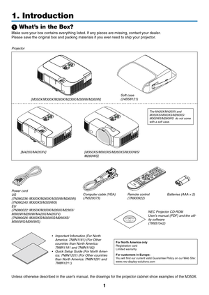 Page 111
Projector
[M350XS/M300XS/M260XS/M300WS/M260WS][M420X/M420XV]
1. Introduction
1 What’s in the Box?
Make	sure	your	box	contains	everything	listed.	If	any	pieces	are	missing,	contact	your	dealer.
Please	save	the	original	box	and	packing	materials	if	you	ever	need	to	ship	your	projector.
Power cordUS
(7N080236: M300X/M260X/M300W/M260W)
(7N080240: M300XS/M300WS)
EU
(7N080022: M350X/M300X/M260X/M230X/
M300W/M260W/M420X/M420XV)
(7N080026: M350XS/M300XS/M260XS/
M300WS/M260WS) Computer cable (VGA)
(7N520073)...